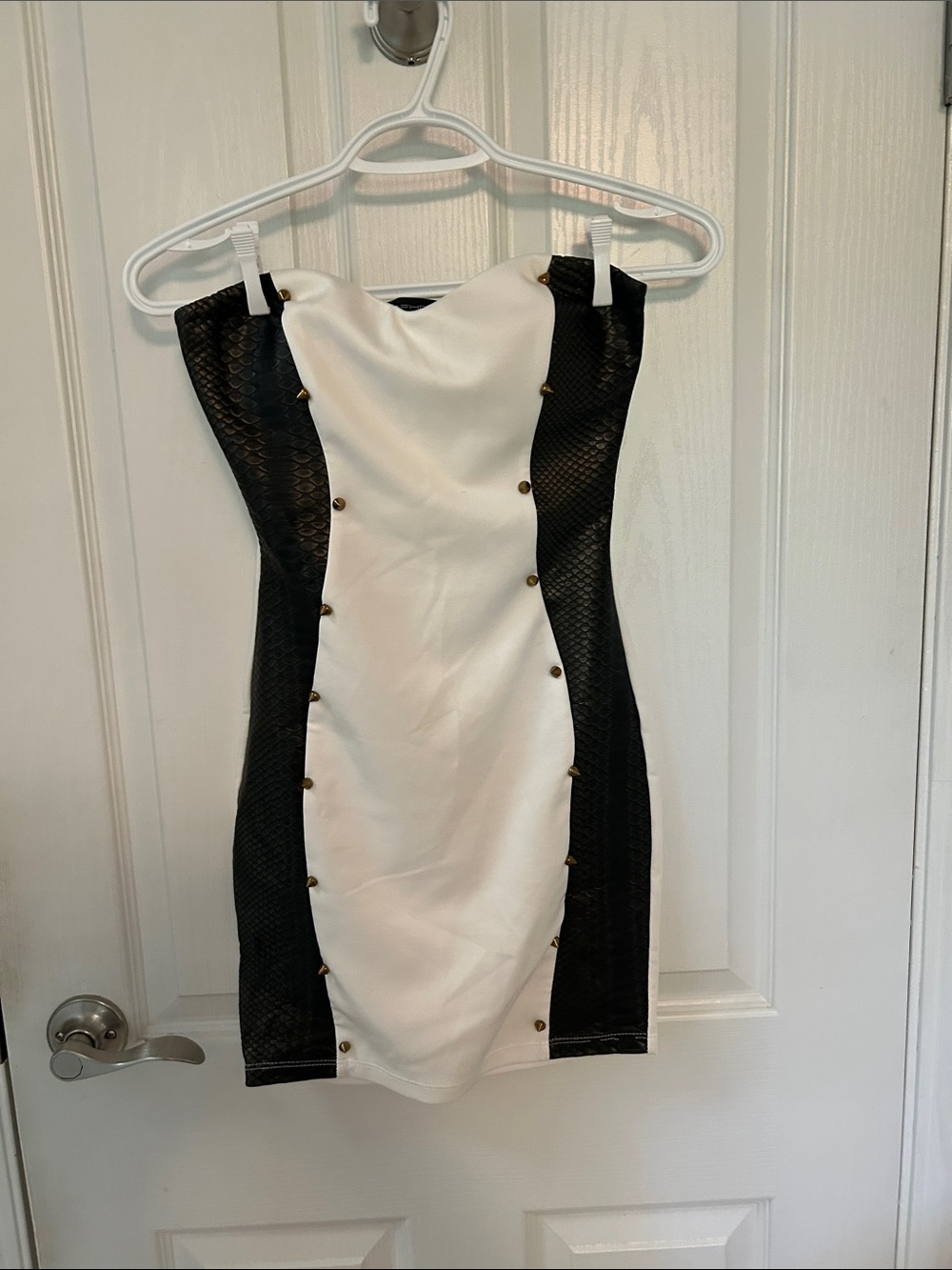 Symphony Strapless Black and White Stud-Accent Bodycon Dress